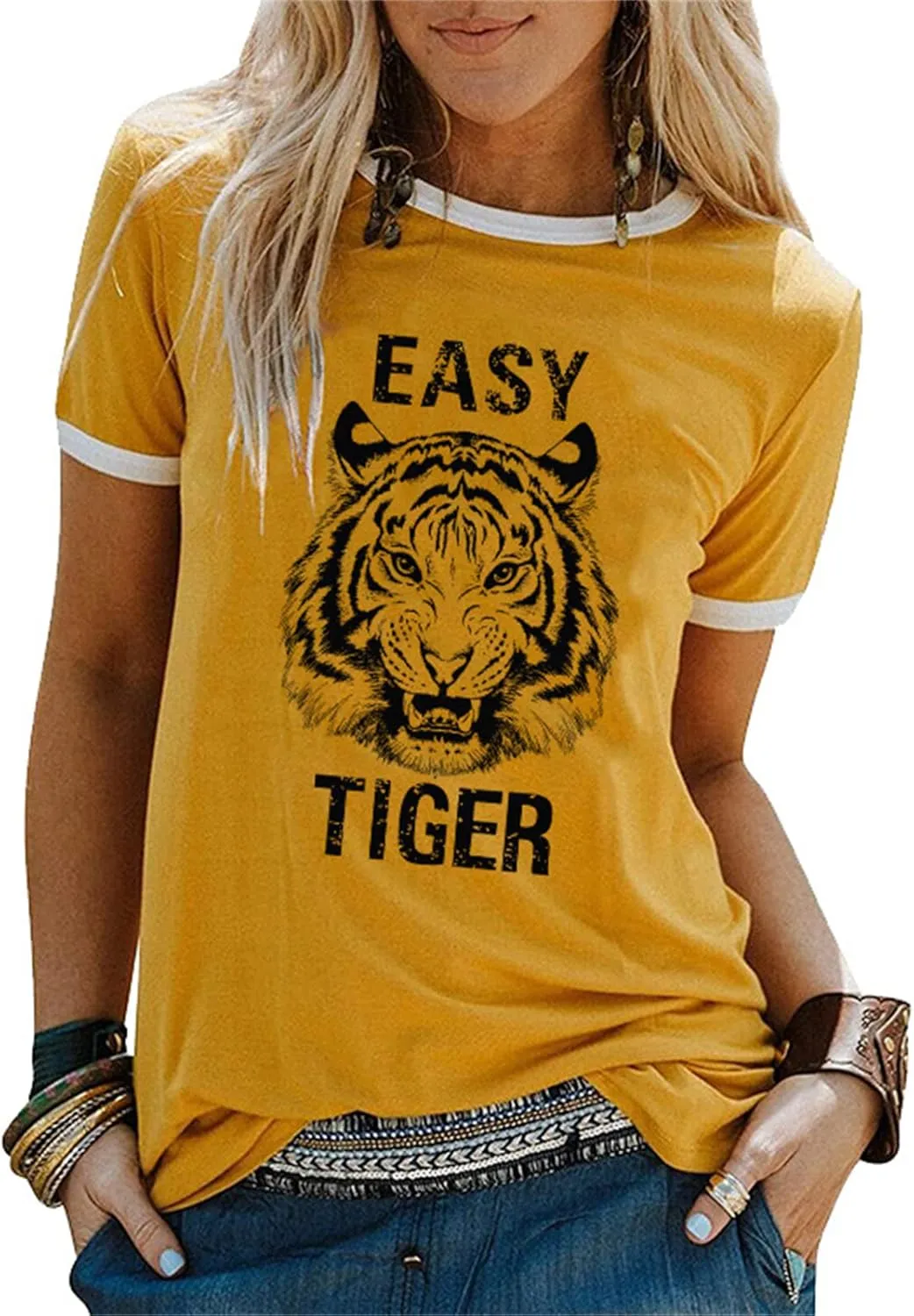 Easy Tiger Womens Shirts Animal Tiger Graphic Tees Tops Patchwork White Short Sleeve Country Music T-Shirt