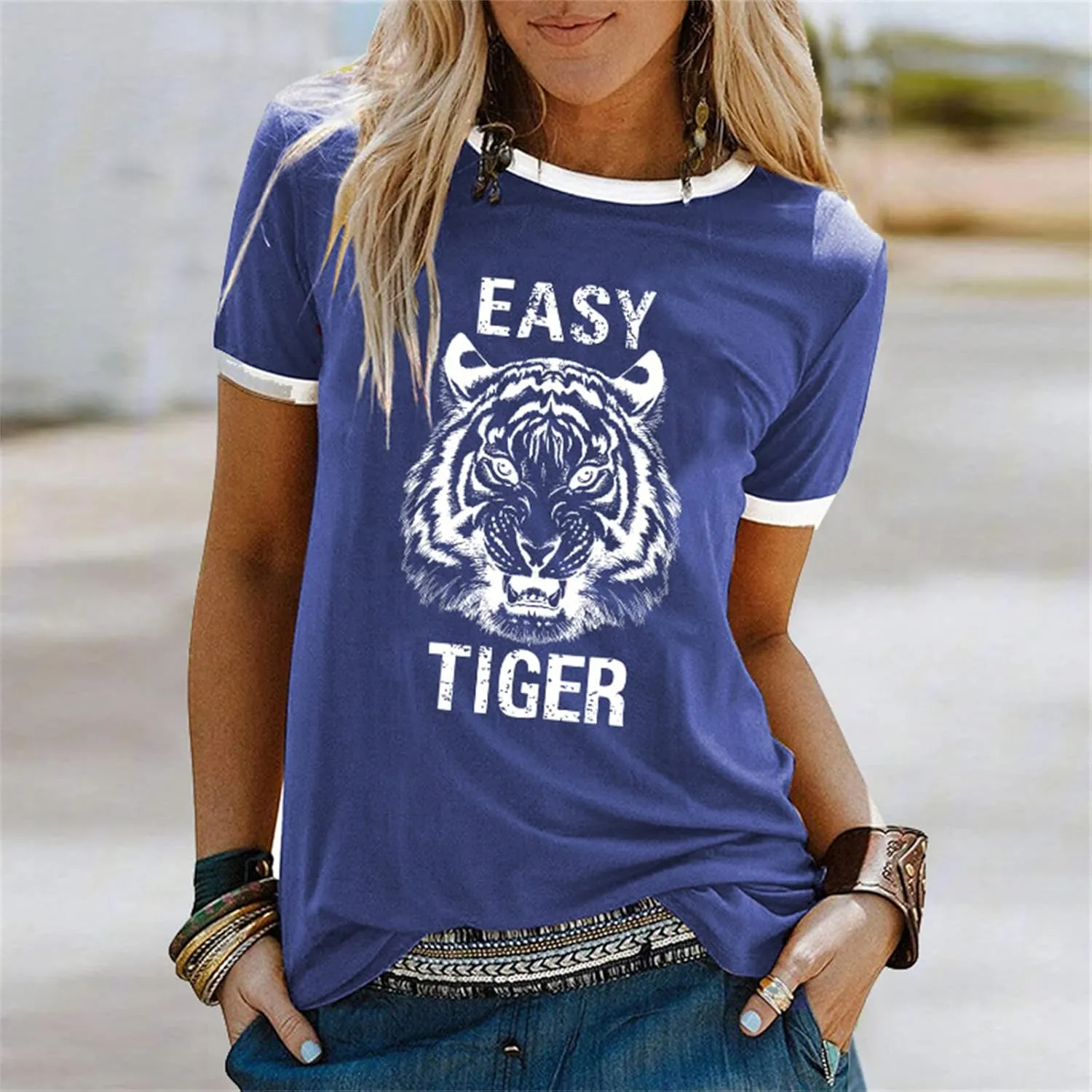 Easy Tiger Womens Shirts Animal Tiger Graphic Tees Tops Patchwork White Short Sleeve Country Music T-Shirt