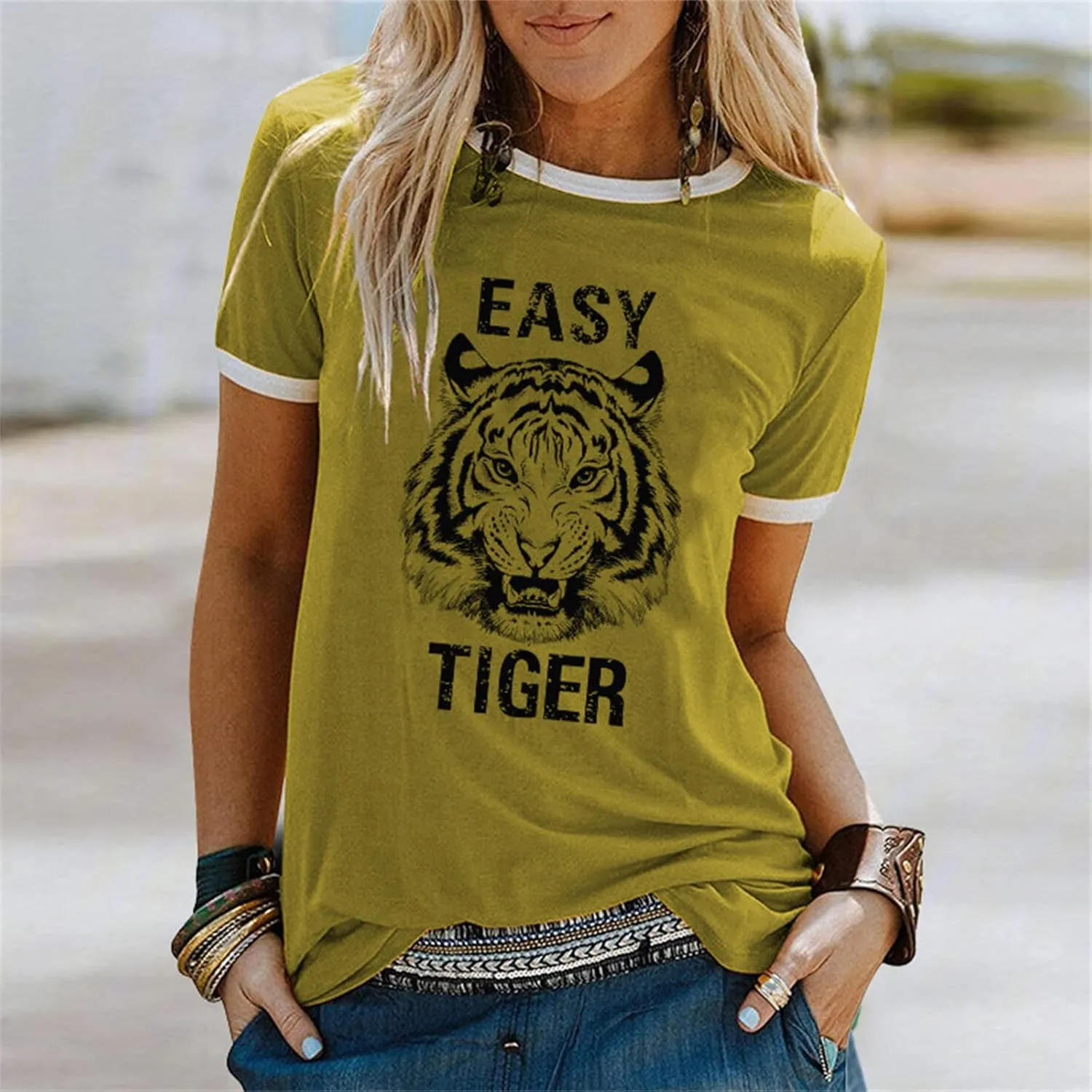 Easy Tiger Womens Shirts Animal Tiger Graphic Tees Tops Patchwork White Short Sleeve Country Music T-Shirt
