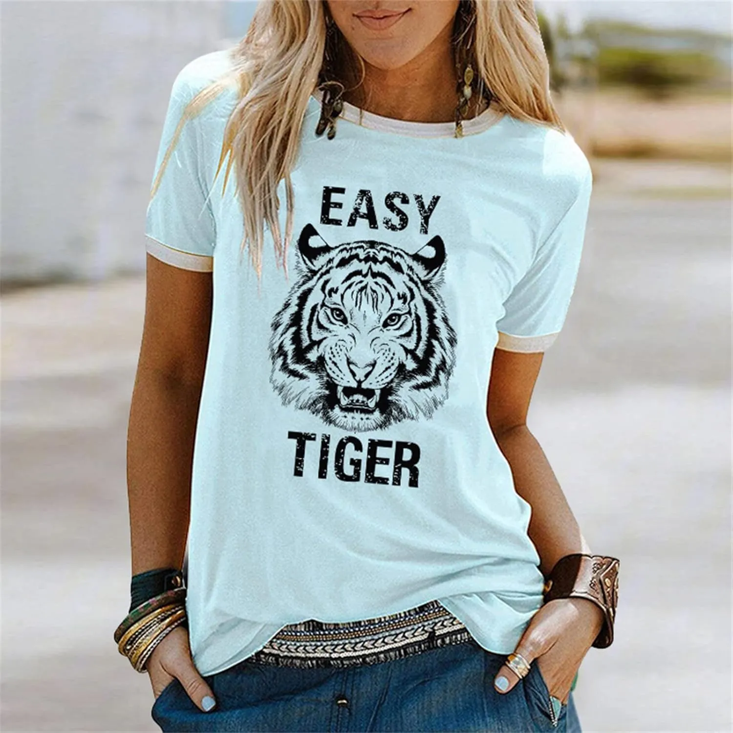 Easy Tiger Womens Shirts Animal Tiger Graphic Tees Tops Patchwork White Short Sleeve Country Music T-Shirt