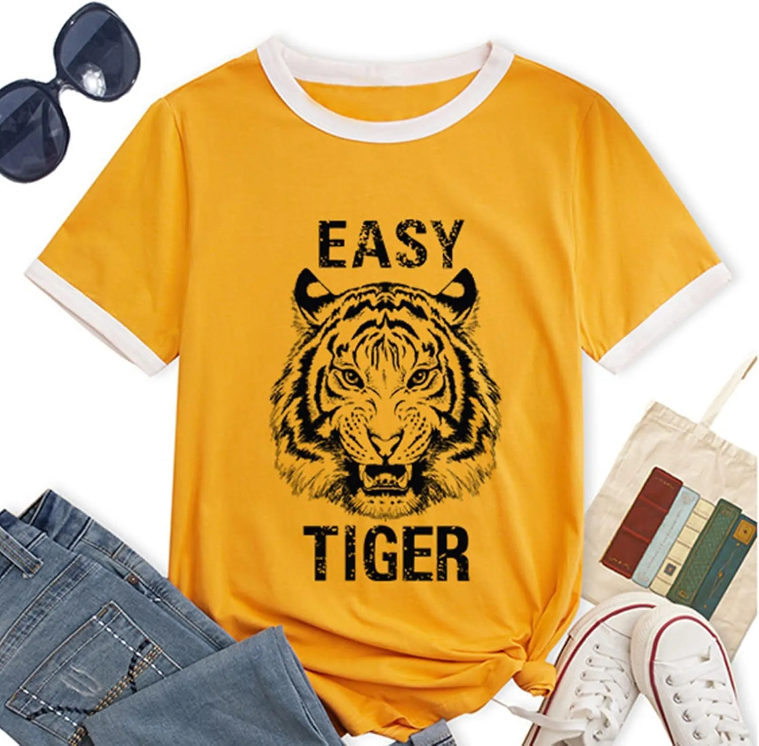 Easy Tiger Womens Shirts Animal Tiger Graphic Tees Tops Patchwork White Short Sleeve Country Music T-Shirt