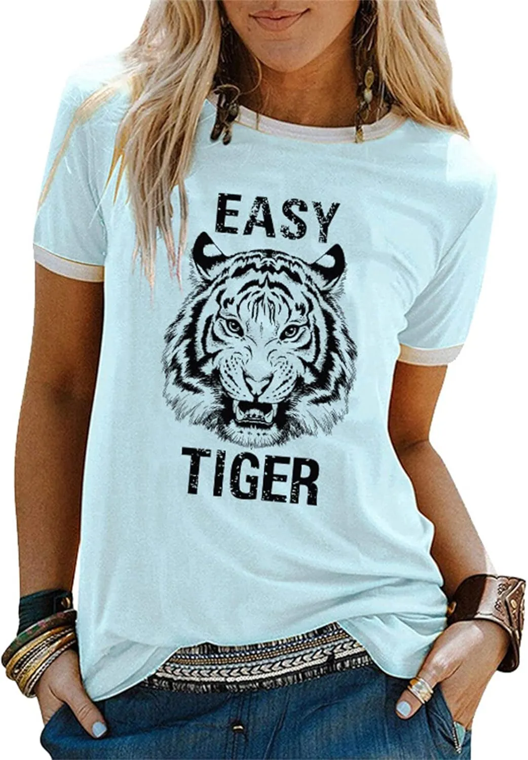 Easy Tiger Womens Shirts Animal Tiger Graphic Tees Tops Patchwork White Short Sleeve Country Music T-Shirt