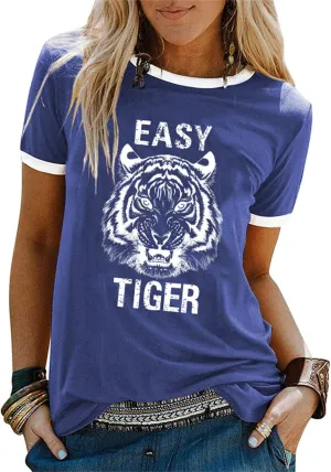Easy Tiger Womens Shirts Animal Tiger Graphic Tees Tops Patchwork White Short Sleeve Country Music T-Shirt