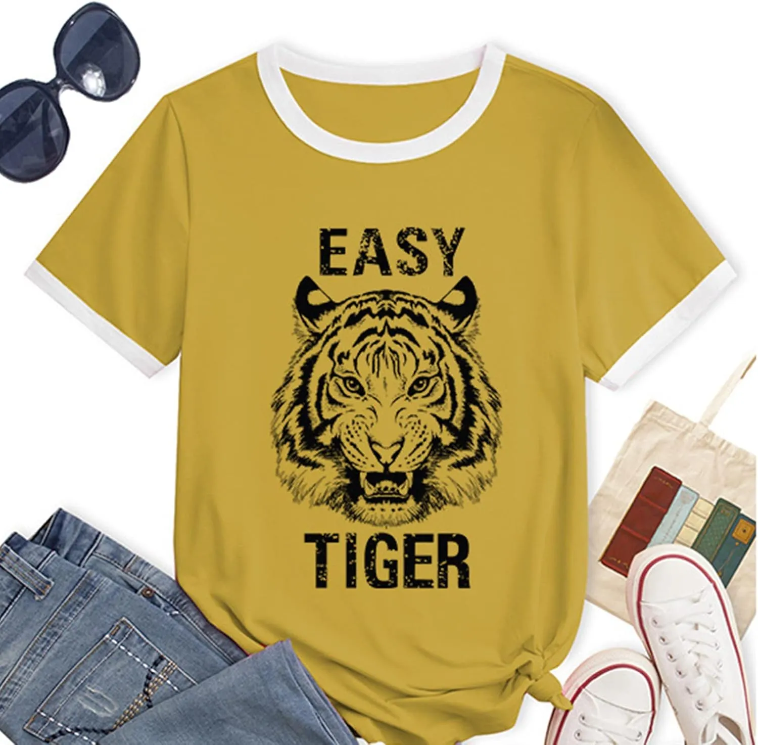 Easy Tiger Womens Shirts Animal Tiger Graphic Tees Tops Patchwork White Short Sleeve Country Music T-Shirt