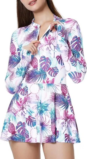 ECUPPER Women Long Sleeve Swim Dress Rash Guard Zip Front One Piece Swimsuits Modest Surfing Skirt Bathing Suit with Shorts