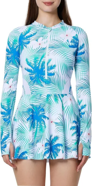 ECUPPER Women Long Sleeve Swim Dress Rash Guard Zip Front One Piece Swimsuits Modest Surfing Skirt Bathing Suit with Shorts