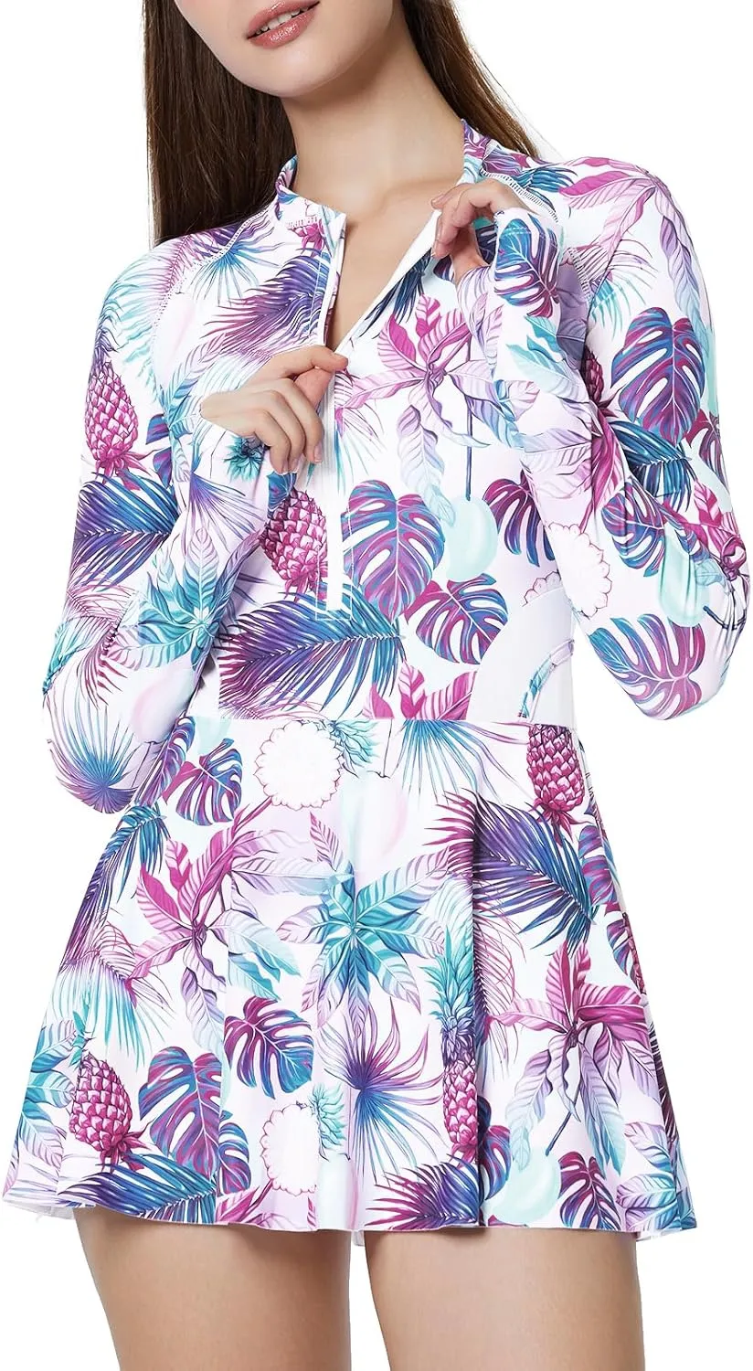 ECUPPER Women Long Sleeve Swim Dress Rash Guard Zip Front One Piece Swimsuits Modest Surfing Skirt Bathing Suit with Shorts