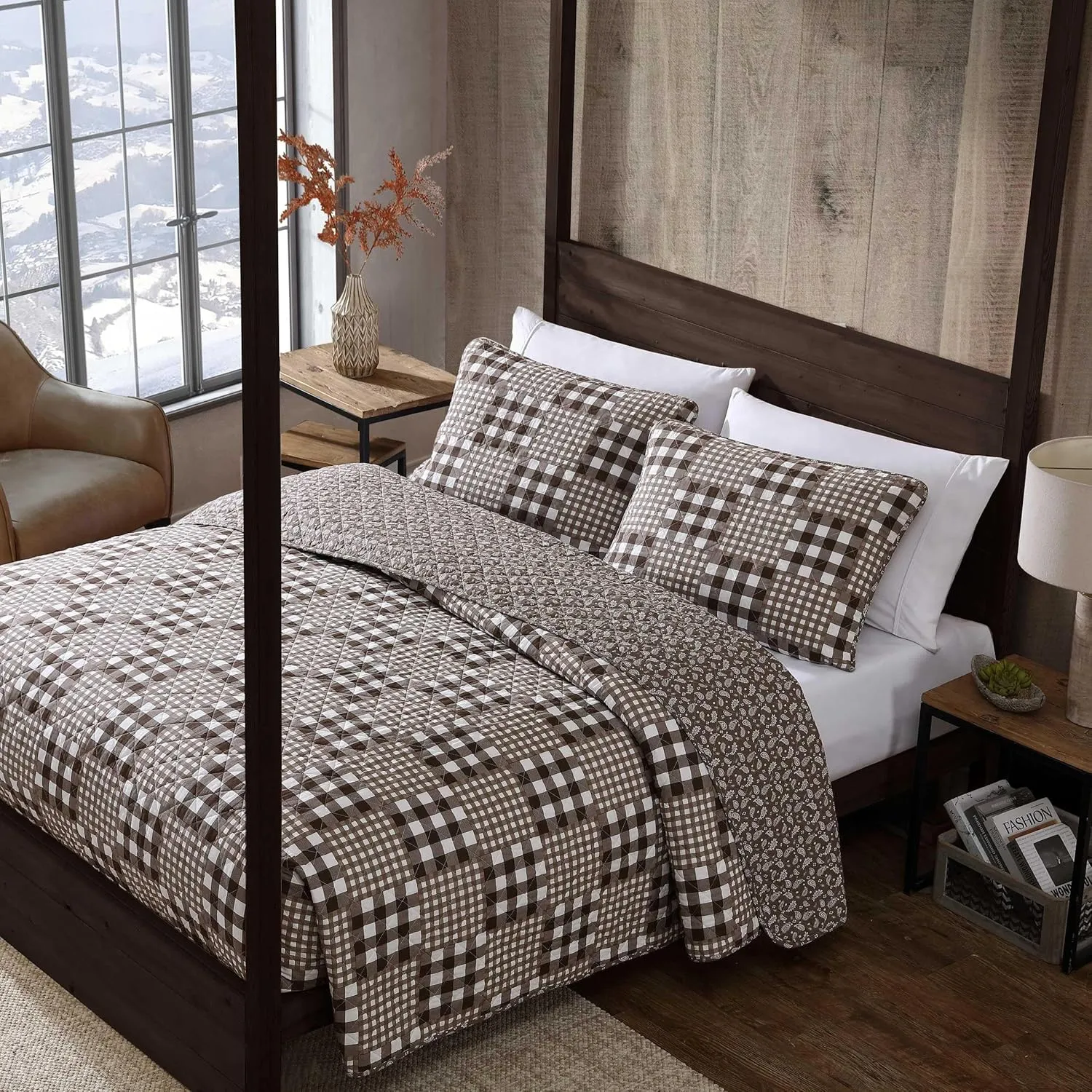 Eddie Bauer - Full/Queen Quilt Set, Reversible Bedding with Matching Shams, Patchwork Home Decor (Gingham Patchwork Brown, Full/Queen)