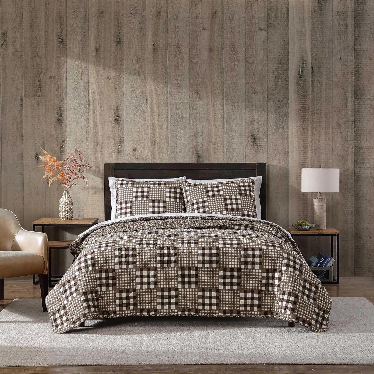Eddie Bauer - Full/Queen Quilt Set, Reversible Bedding with Matching Shams, Patchwork Home Decor (Gingham Patchwork Brown, Full/Queen)