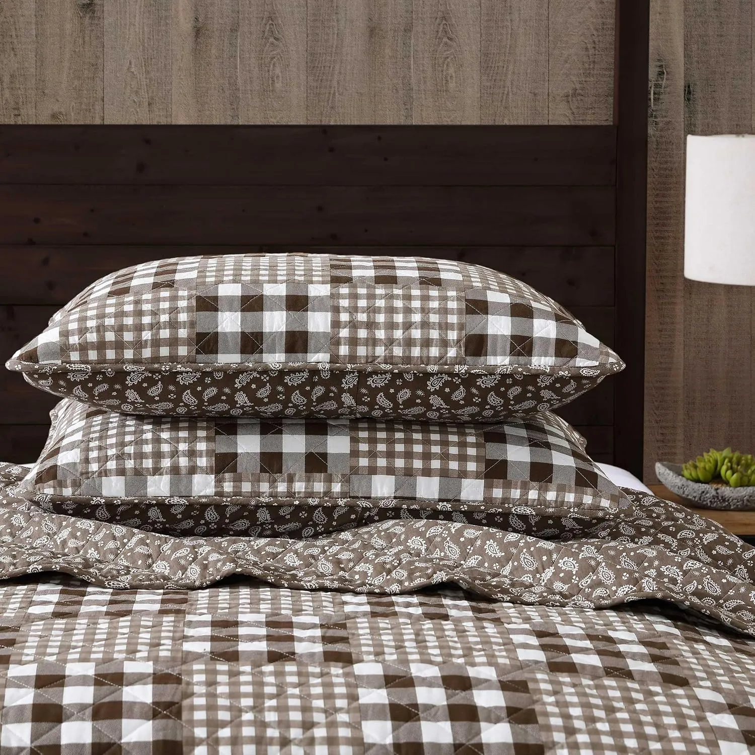 Eddie Bauer - Full/Queen Quilt Set, Reversible Bedding with Matching Shams, Patchwork Home Decor (Gingham Patchwork Brown, Full/Queen)