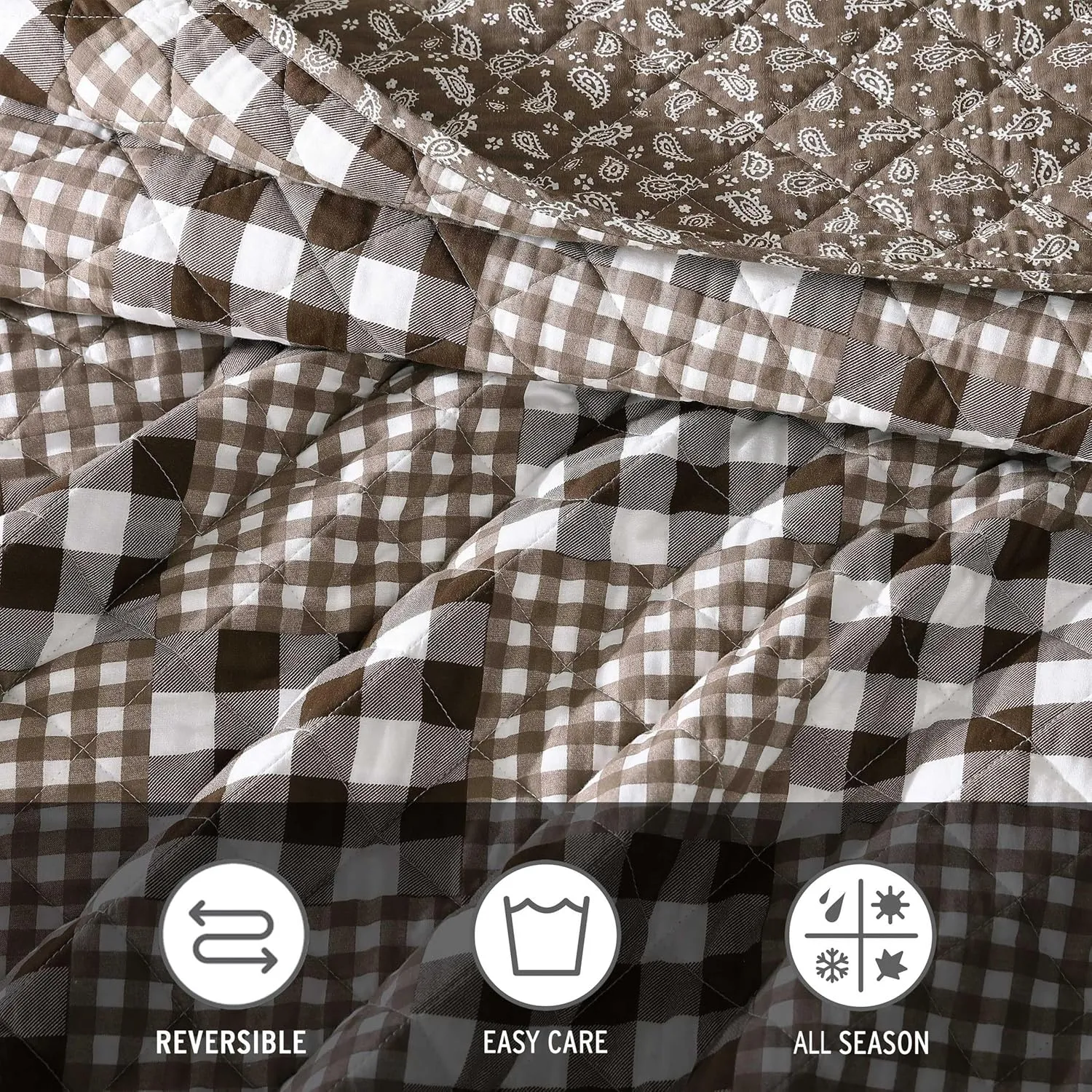 Eddie Bauer - Full/Queen Quilt Set, Reversible Bedding with Matching Shams, Patchwork Home Decor (Gingham Patchwork Brown, Full/Queen)