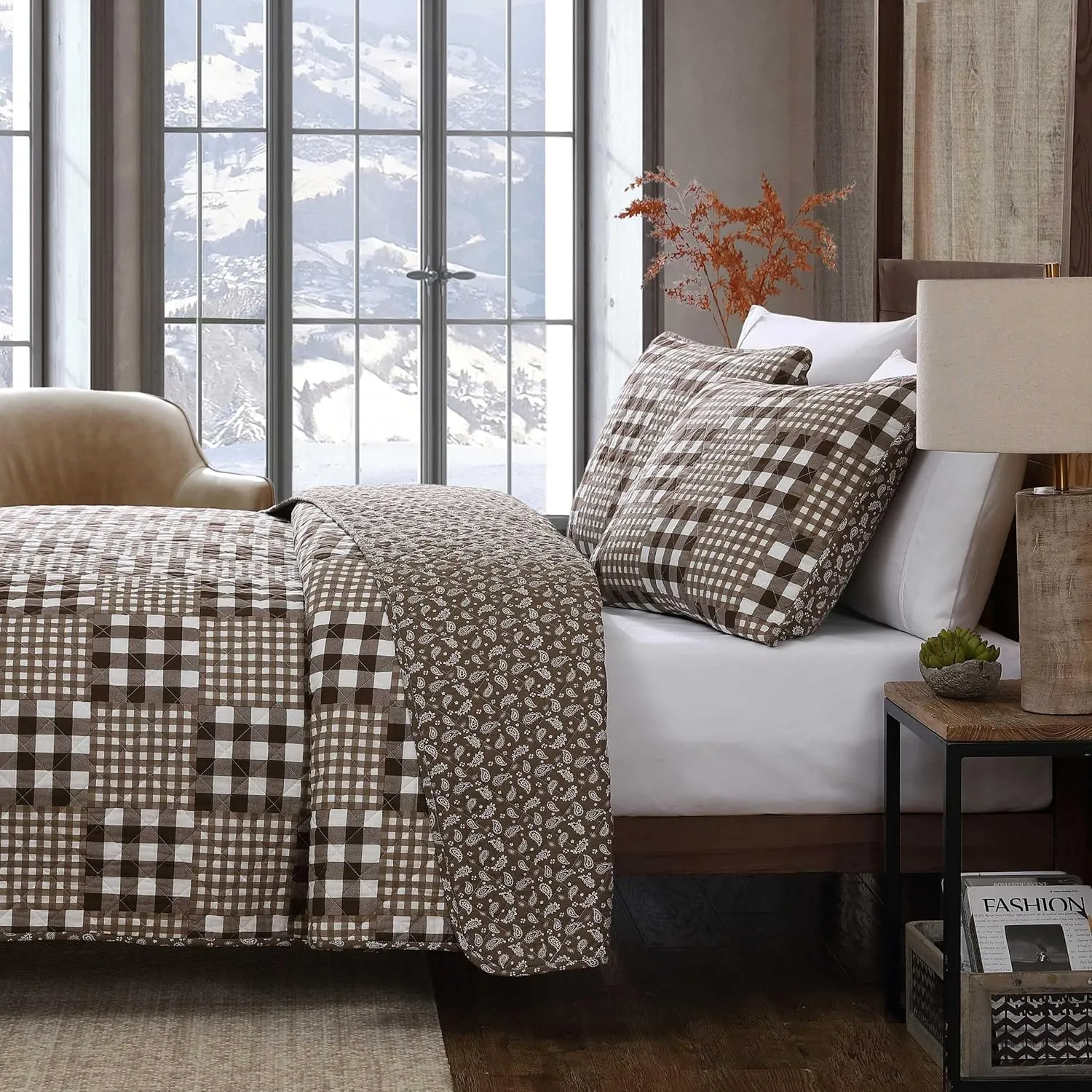 Eddie Bauer - Full/Queen Quilt Set, Reversible Bedding with Matching Shams, Patchwork Home Decor (Gingham Patchwork Brown, Full/Queen)
