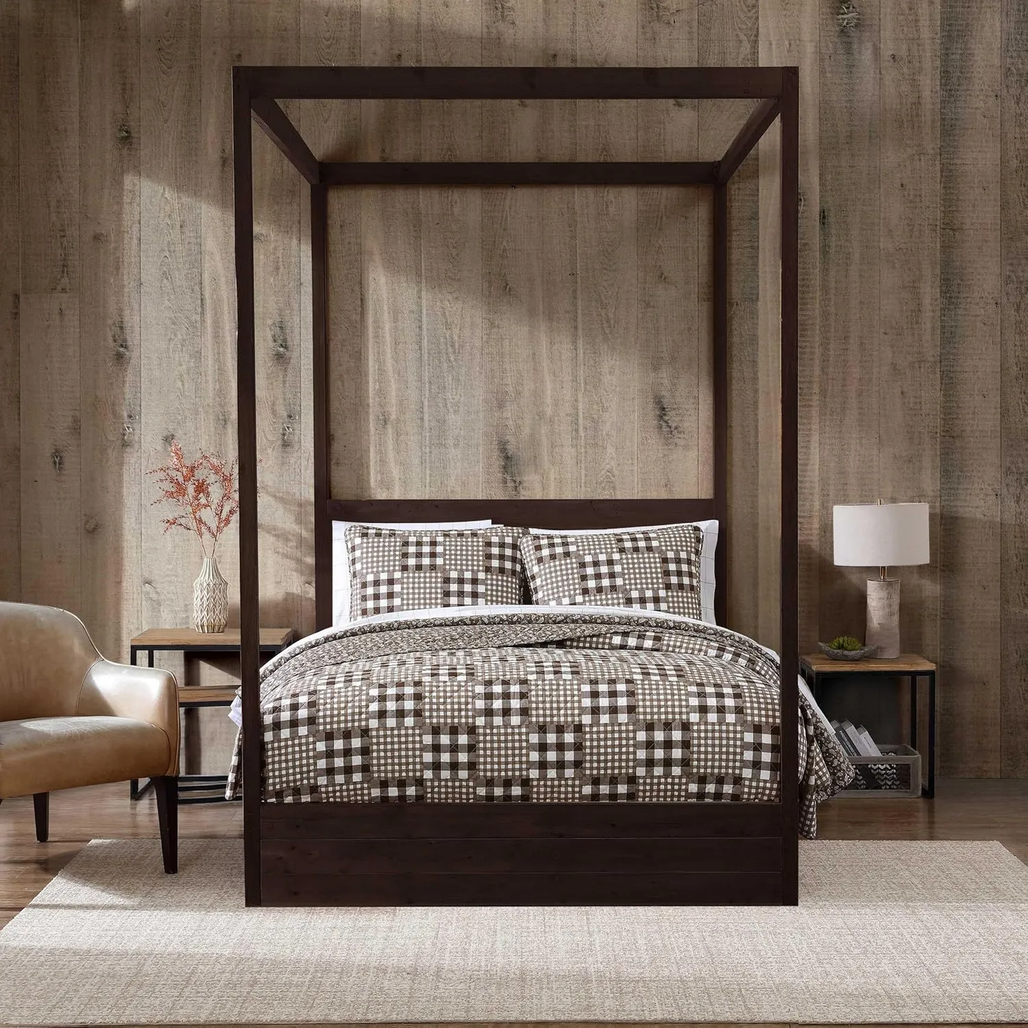 Eddie Bauer - Full/Queen Quilt Set, Reversible Bedding with Matching Shams, Patchwork Home Decor (Gingham Patchwork Brown, Full/Queen)