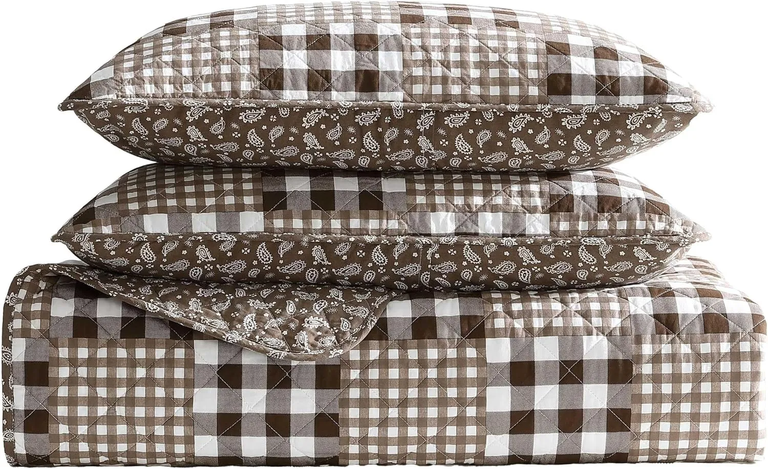 Eddie Bauer - Full/Queen Quilt Set, Reversible Bedding with Matching Shams, Patchwork Home Decor (Gingham Patchwork Brown, Full/Queen)