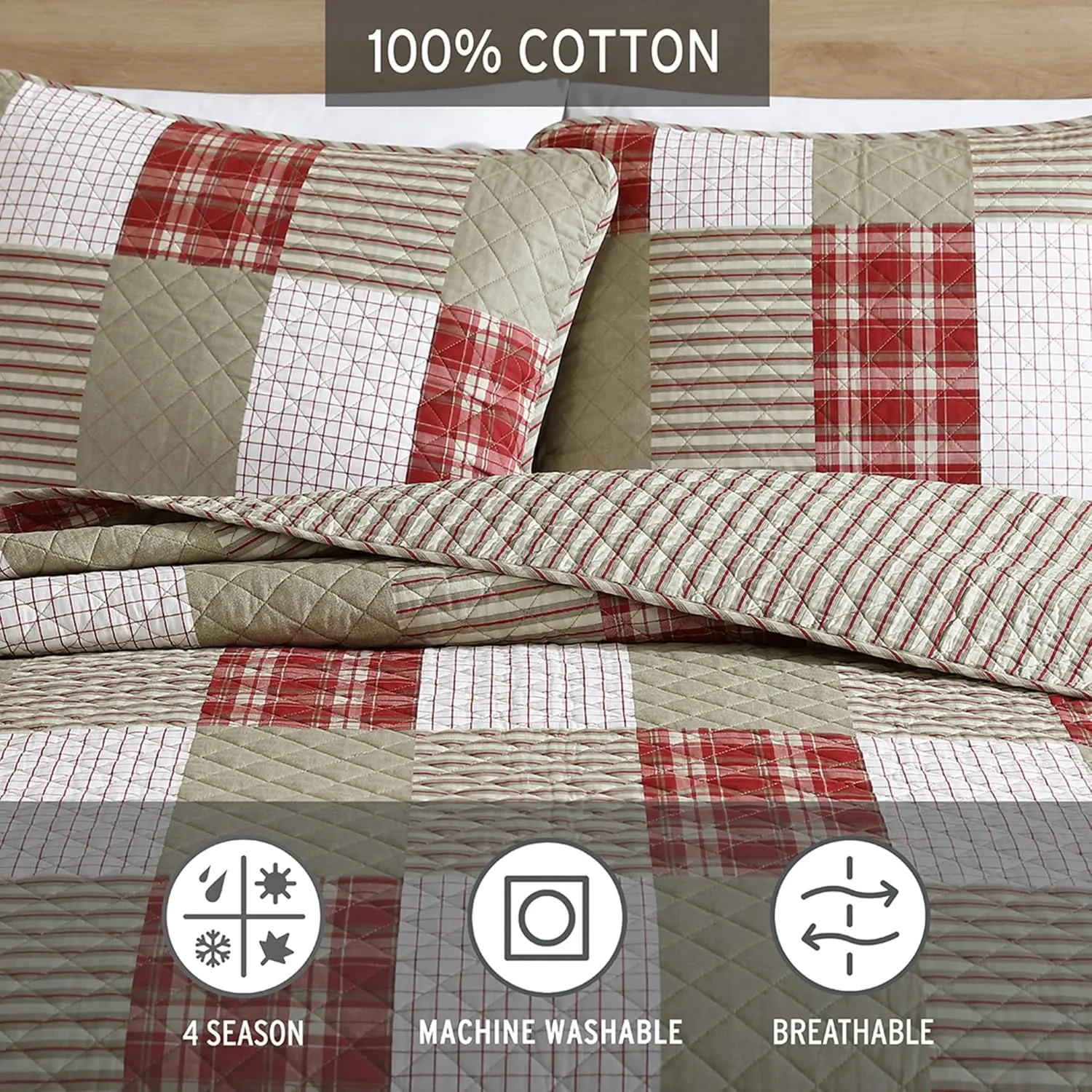 Eddie Bauer - Quilt Set, Reversible Cotton Bedding with Matching Shams, Lightweight Home Decor for All Seasons (Camino Island Red, Queen)