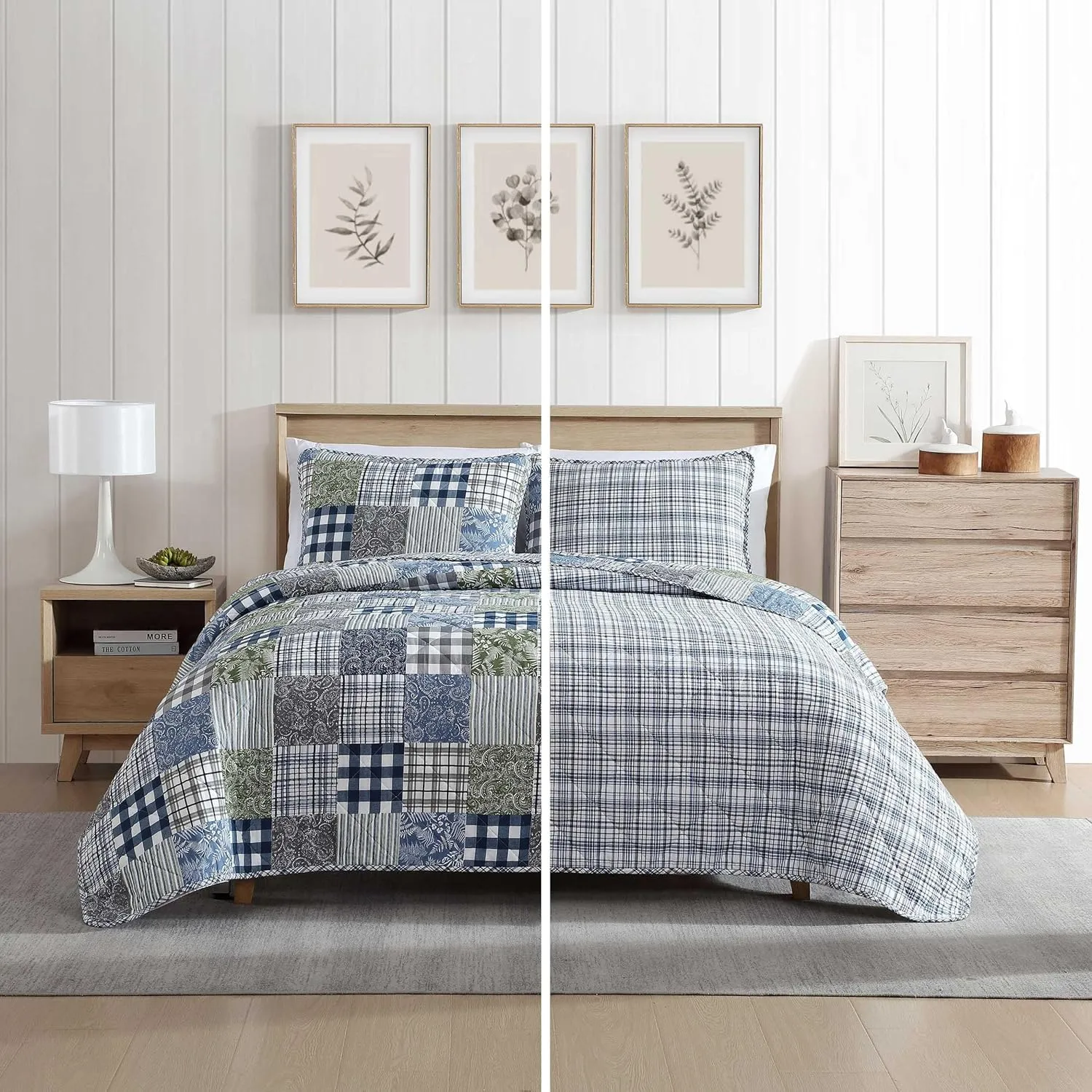 Eddie Bauer - Twin Quilt Set, Reversible Cotton Bedding with Matching Sham, Patchwork Home Decor with Plaid Reverse (Cozy Plaid Patchwork Blue/Green, Twin)