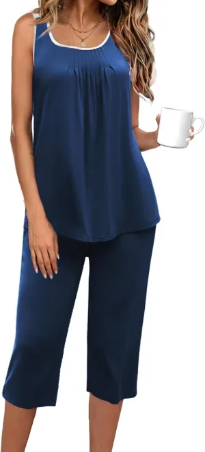 Ekouaer Capri Pajama Sets for Women 2 Piece Soft Cute Pjs Round Neck Sleeveless Lounge Set for Summer Sleepwear S-XXL