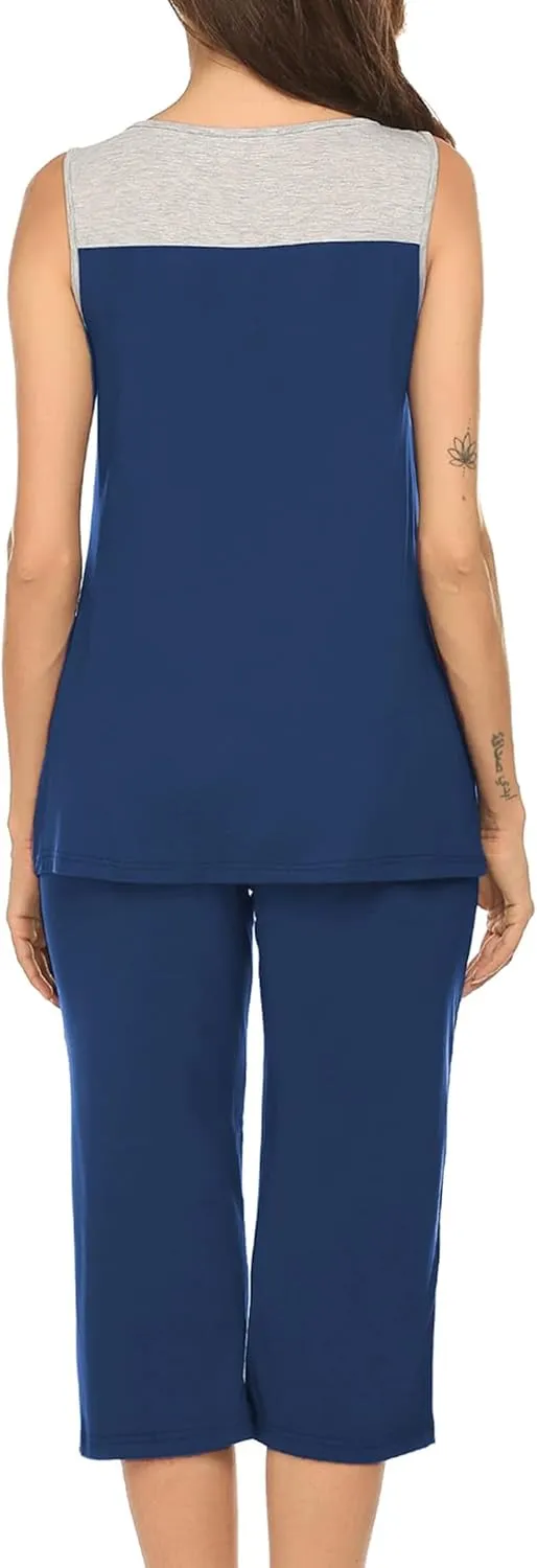 Ekouaer Capri Pajama Sets for Women 2 Piece Soft Cute Pjs Round Neck Sleeveless Lounge Set for Summer Sleepwear S-XXL