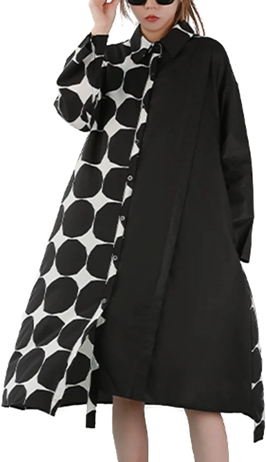 ellazhu Womens Fall Casual Patchwork Funky Long Sleeve Designer Dress Loose Blouse GY2787 A