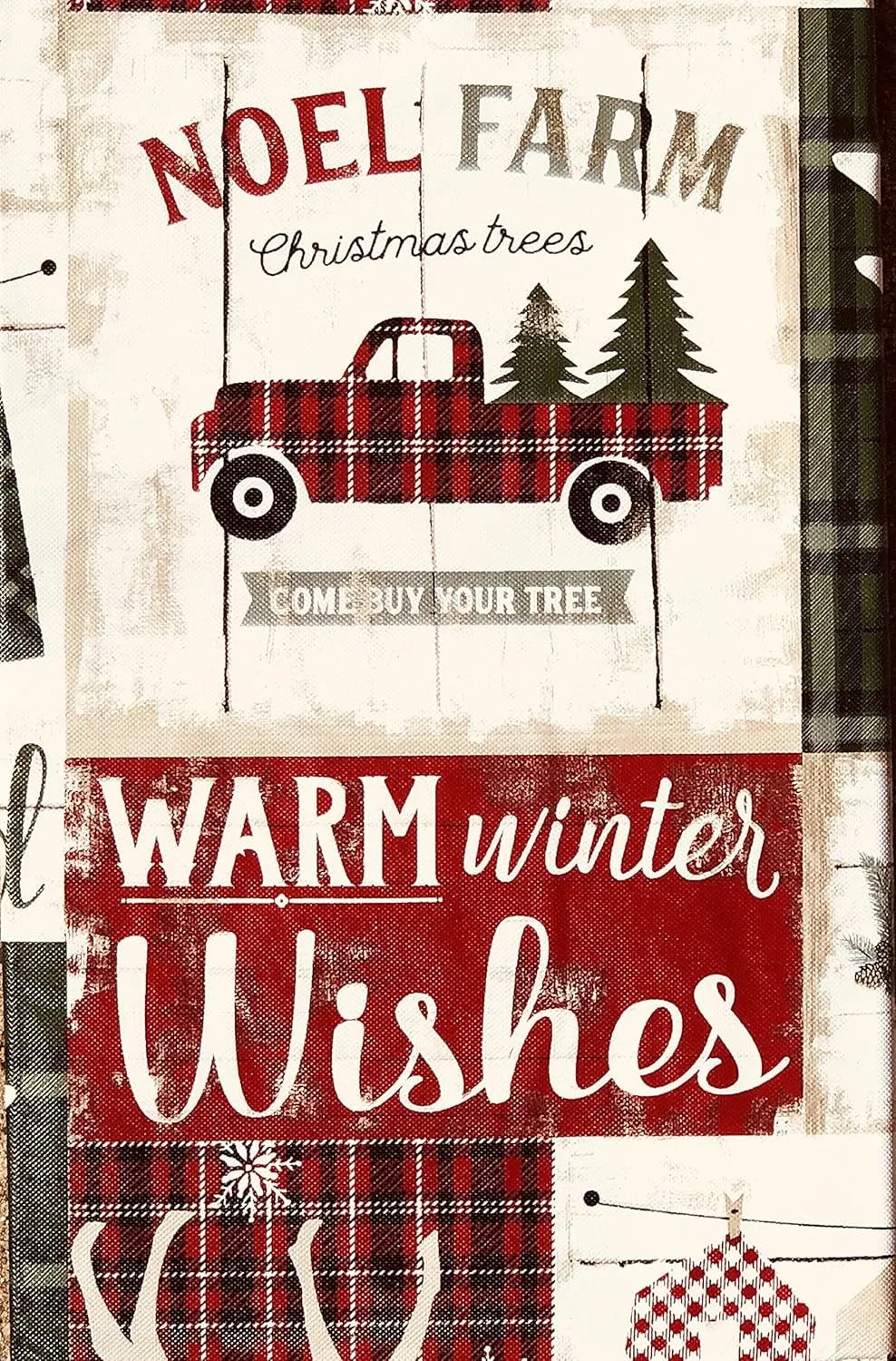 Elrene Home Fashions Season Greetings Noel Farm Christmas Trees, Rustic Holiday Signs, Sayings and Symbols Patchwork Vinyl Tablecloth (52 x 52 Square) Red, Black, Tan, Gray, Green, White