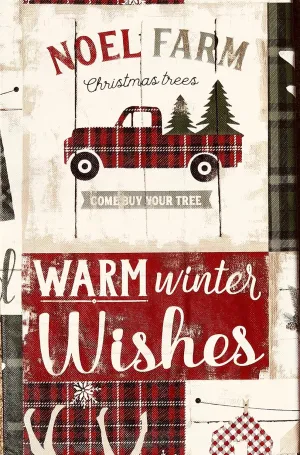 Elrene Home Fashions Season Greetings Noel Farm Christmas Trees, Rustic Holiday Signs, Sayings and Symbols Patchwork Vinyl Tablecloth (52 x 52 Square) Red, Black, Tan, Gray, Green, White