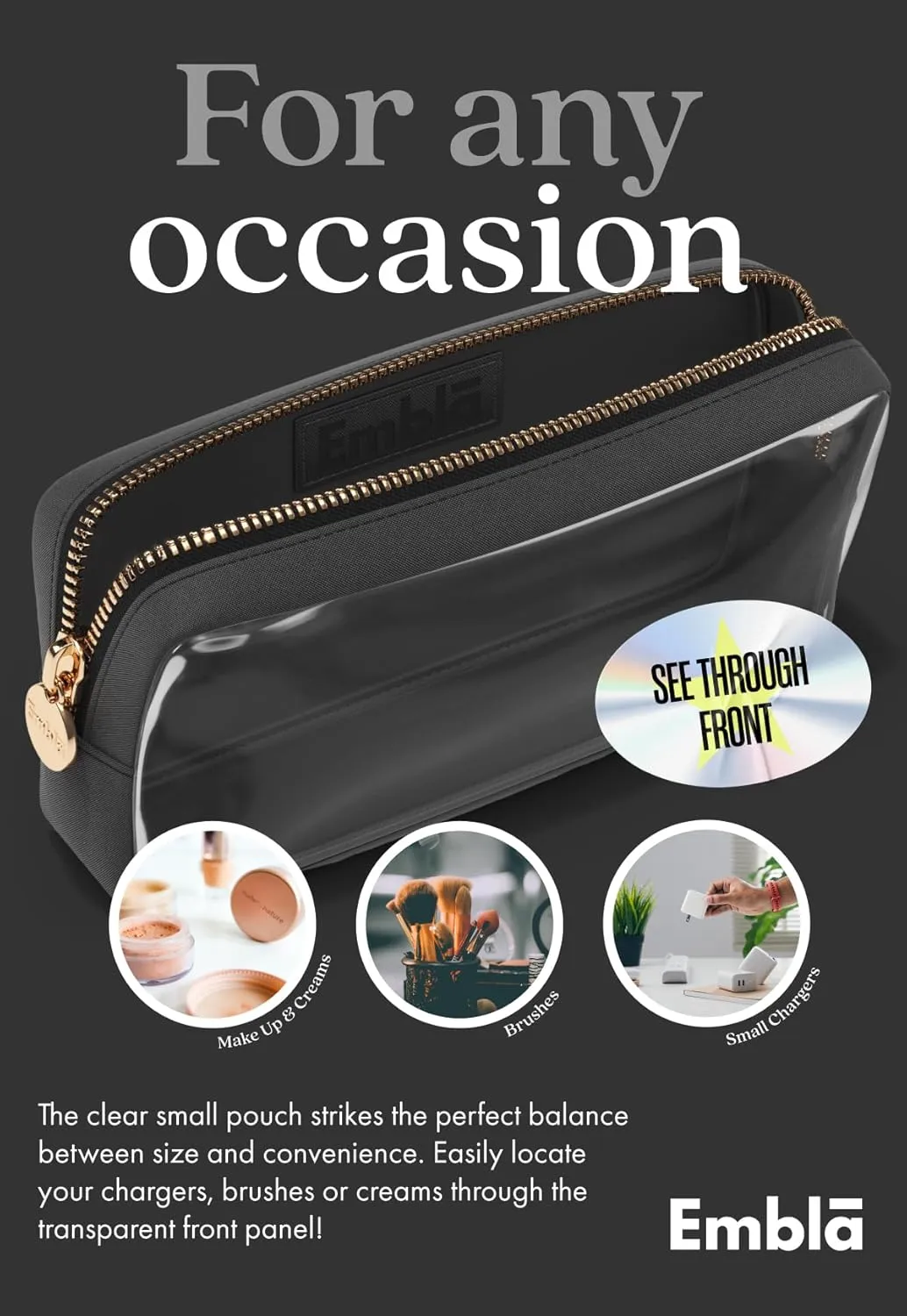Embla Clear Cosmetic Bag Makeup Case, Clear Zipper Make Up Pouch and Toiletry Travel Tote, Cute Skincare Pouches for Women Girls, Preppy Purse Cosmetic Organizer, Small Makeup Bags, Black