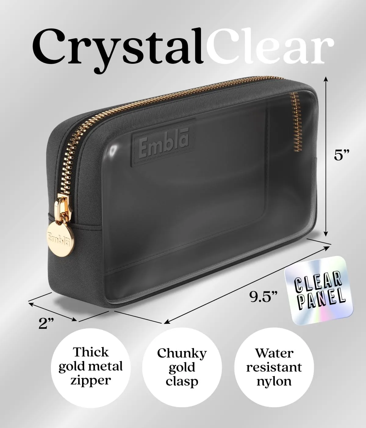 Embla Clear Cosmetic Bag Makeup Case, Clear Zipper Make Up Pouch and Toiletry Travel Tote, Cute Skincare Pouches for Women Girls, Preppy Purse Cosmetic Organizer, Small Makeup Bags, Black
