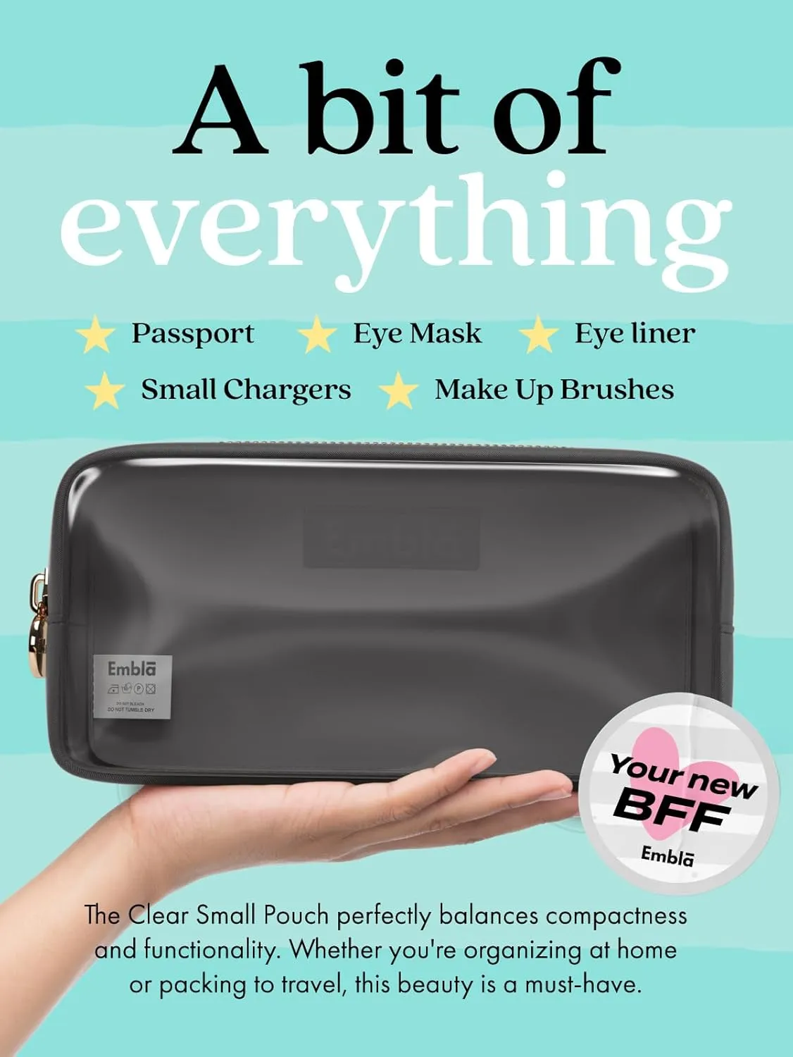 Embla Clear Cosmetic Bag Makeup Case, Clear Zipper Make Up Pouch and Toiletry Travel Tote, Cute Skincare Pouches for Women Girls, Preppy Purse Cosmetic Organizer, Small Makeup Bags, Black