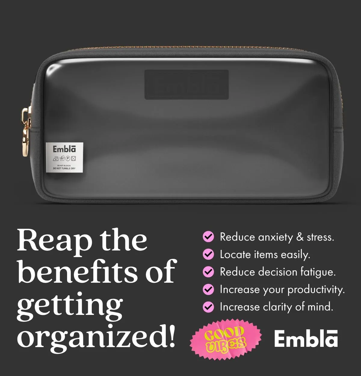 Embla Clear Cosmetic Bag Makeup Case, Clear Zipper Make Up Pouch and Toiletry Travel Tote, Cute Skincare Pouches for Women Girls, Preppy Purse Cosmetic Organizer, Small Makeup Bags, Black