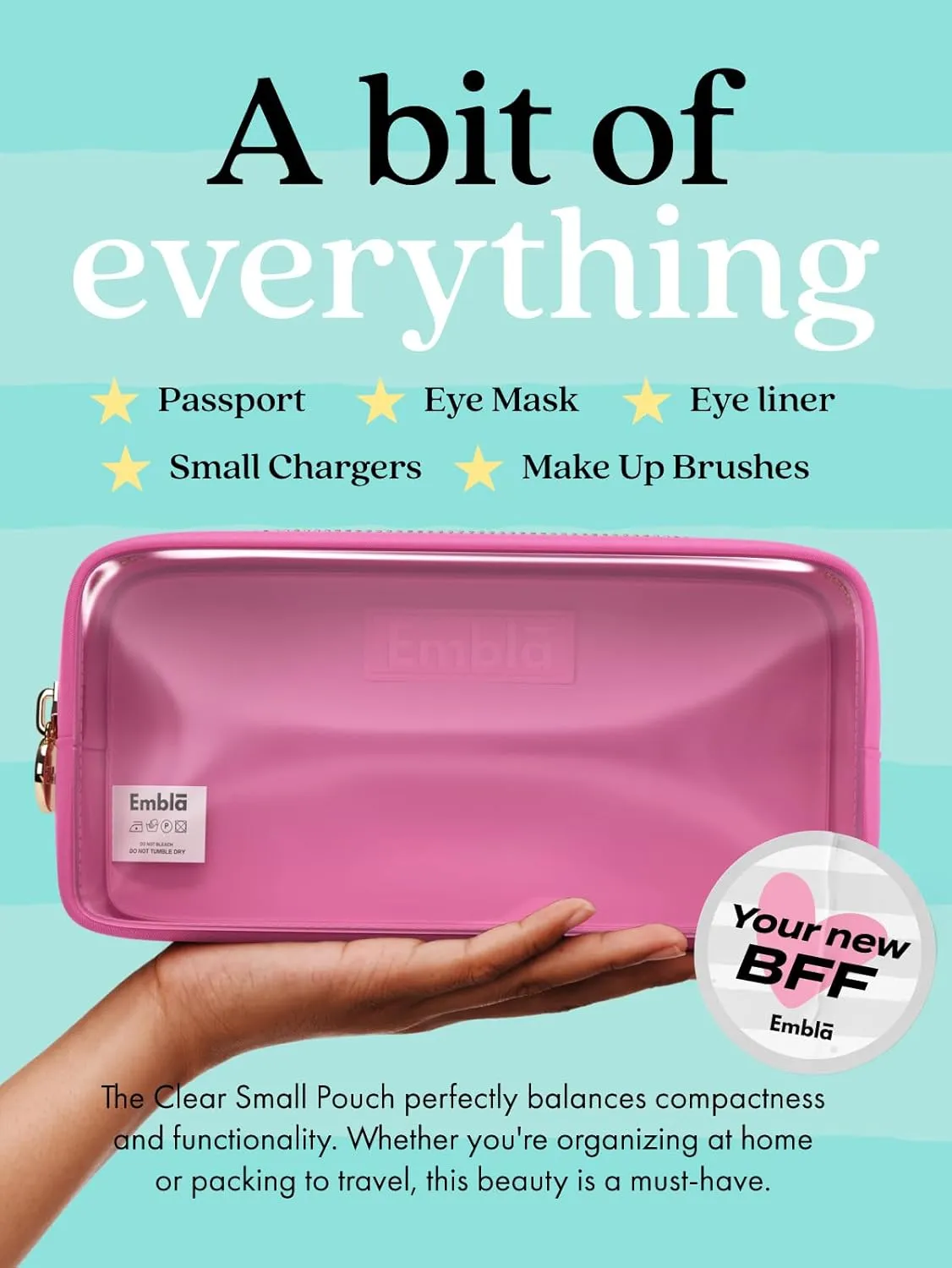Embla Clear Cosmetic Bag Makeup Case, Clear Zipper Make Up Pouch and Toiletry Travel Tote, Cute Skincare Pouches for Women Girls, Preppy Purse Cosmetic Organizer, Small Makeup Bags, Bubblegum