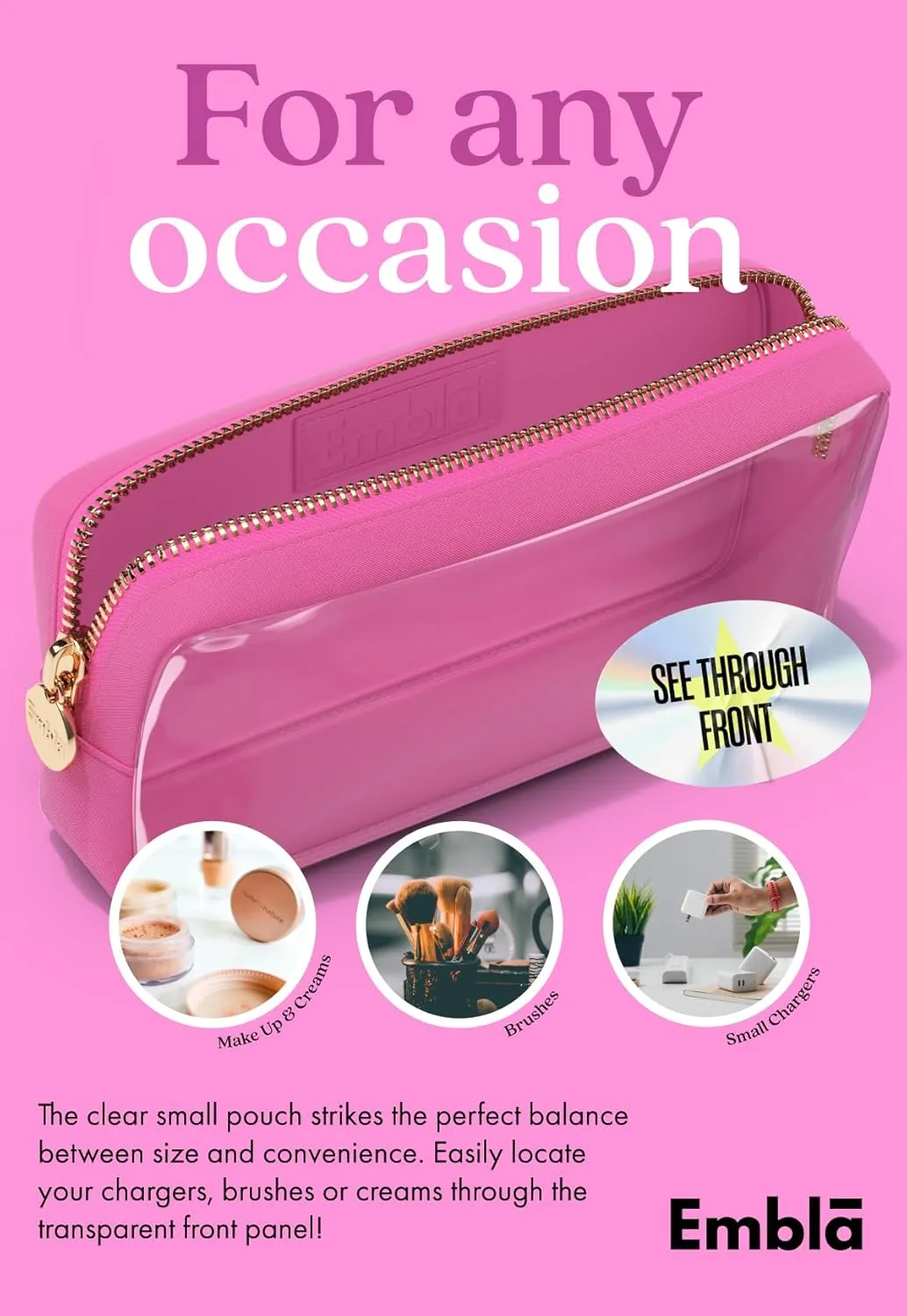 Embla Clear Cosmetic Bag Makeup Case, Clear Zipper Make Up Pouch and Toiletry Travel Tote, Cute Skincare Pouches for Women Girls, Preppy Purse Cosmetic Organizer, Small Makeup Bags, Bubblegum