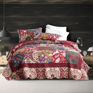 ENASAL Cotton Bedspread Quilt Sets Reversible Bedding Coverlet Sets Comforters Vintage Luxury Damask Floral Real Patchwork Burgundy Bedspread,Queen Size