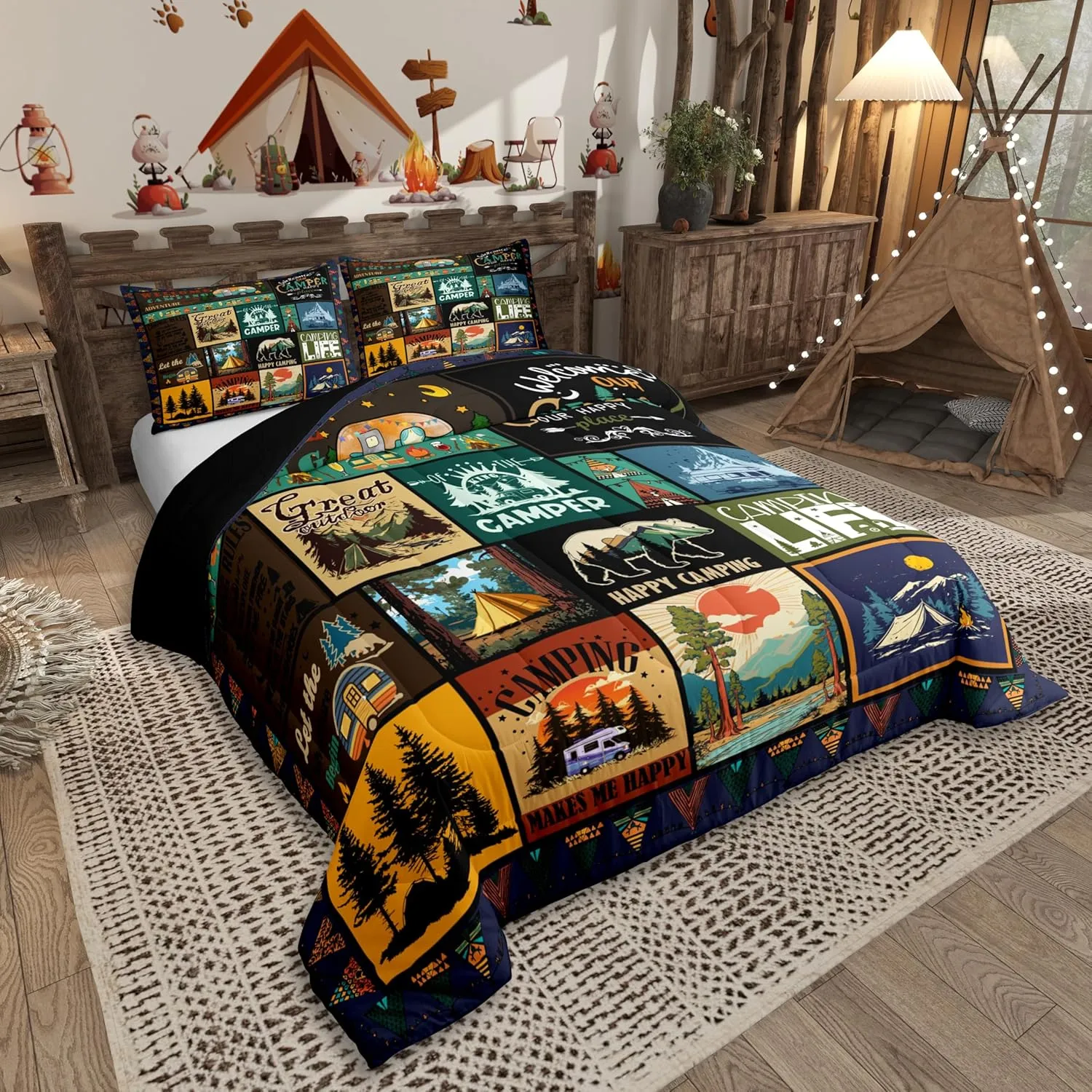Erosebridal Camper Queen Comforter Set Happy Camping Bedding Set for Camper Gifts,RV Bedding Sets for Kids Boys Girls Room Decor,Rustic Country Style Patchwork Camping Quilt Bed Set 3Pcs