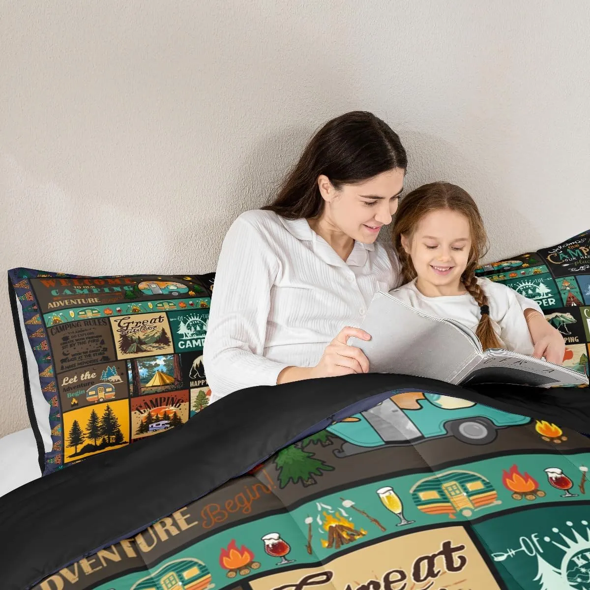 Erosebridal Camper Queen Comforter Set Happy Camping Bedding Set for Camper Gifts,RV Bedding Sets for Kids Boys Girls Room Decor,Rustic Country Style Patchwork Camping Quilt Bed Set 3Pcs