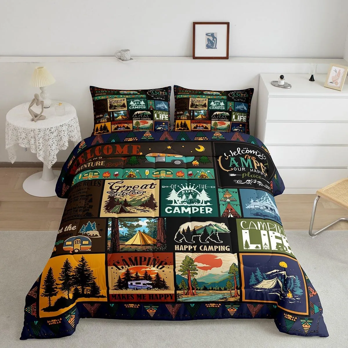 Erosebridal Camper Queen Comforter Set Happy Camping Bedding Set for Camper Gifts,RV Bedding Sets for Kids Boys Girls Room Decor,Rustic Country Style Patchwork Camping Quilt Bed Set 3Pcs