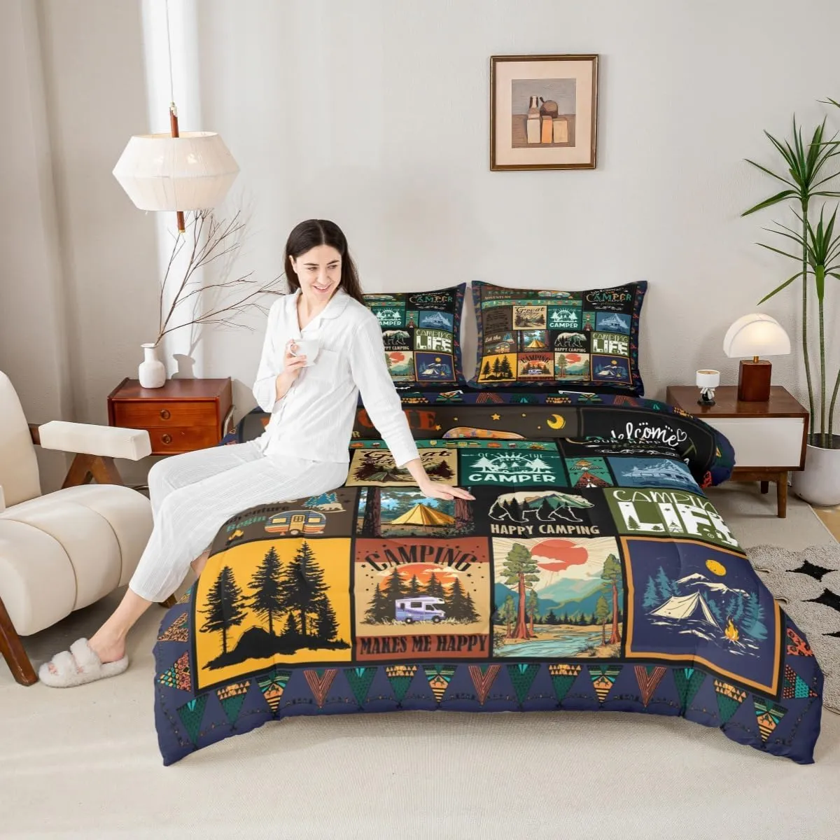 Erosebridal Camper Queen Comforter Set Happy Camping Bedding Set for Camper Gifts,RV Bedding Sets for Kids Boys Girls Room Decor,Rustic Country Style Patchwork Camping Quilt Bed Set 3Pcs