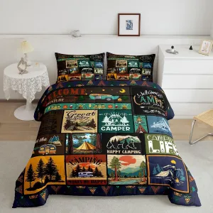 Erosebridal Camper Queen Comforter Set Happy Camping Bedding Set for Camper Gifts,RV Bedding Sets for Kids Boys Girls Room Decor,Rustic Country Style Patchwork Camping Quilt Bed Set 3Pcs