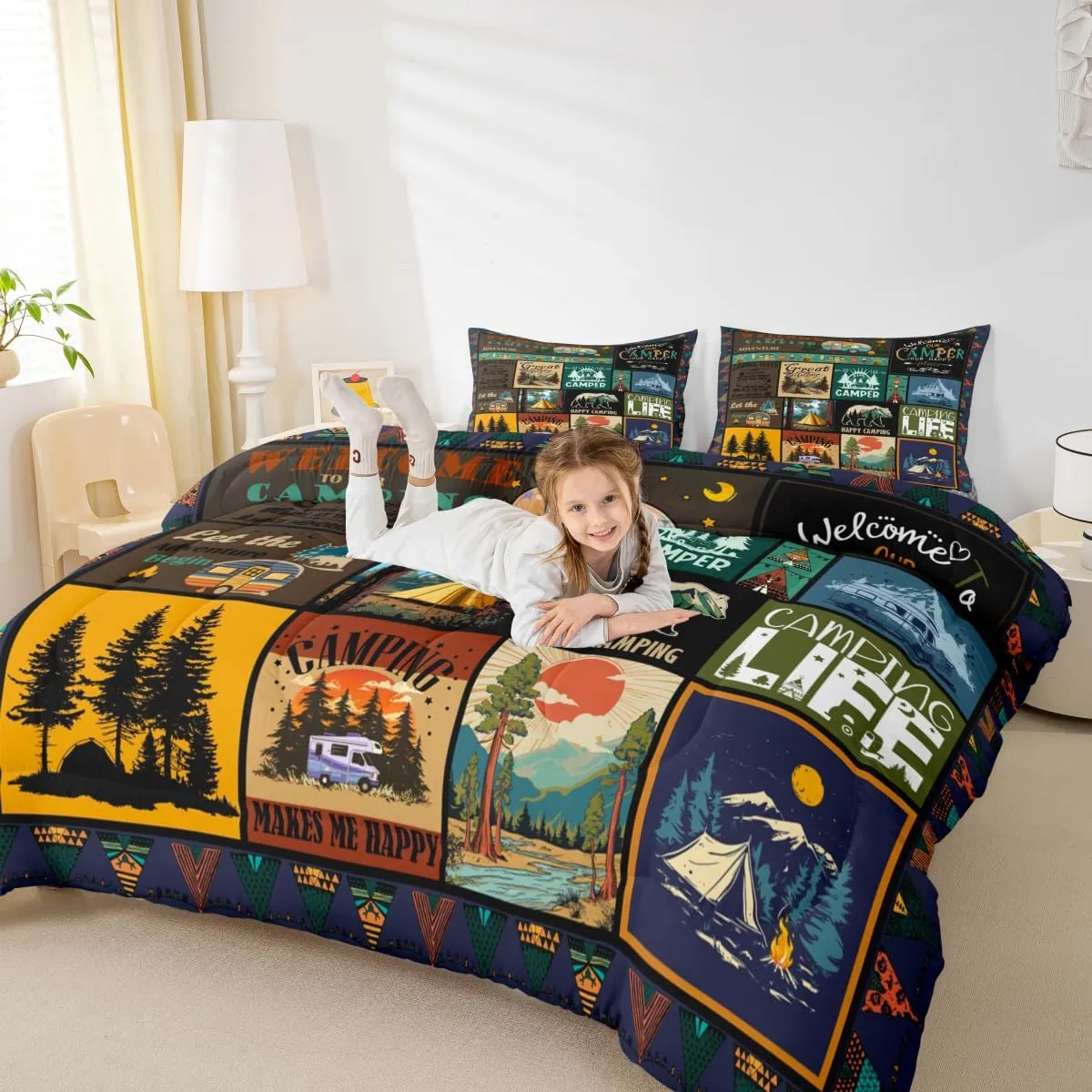 Erosebridal Camper Queen Comforter Set Happy Camping Bedding Set for Camper Gifts,RV Bedding Sets for Kids Boys Girls Room Decor,Rustic Country Style Patchwork Camping Quilt Bed Set 3Pcs