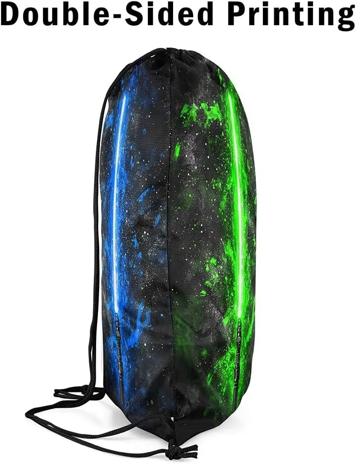 Erosebridal Lightsaber Drawstring Backpack 13x15.7, Neon Green Blue Drawstring Bags, Galaxy Starry Sky Draw String Back Bag Fashion Games Light Sword String Backpack for Sport Gym Swim Yoga