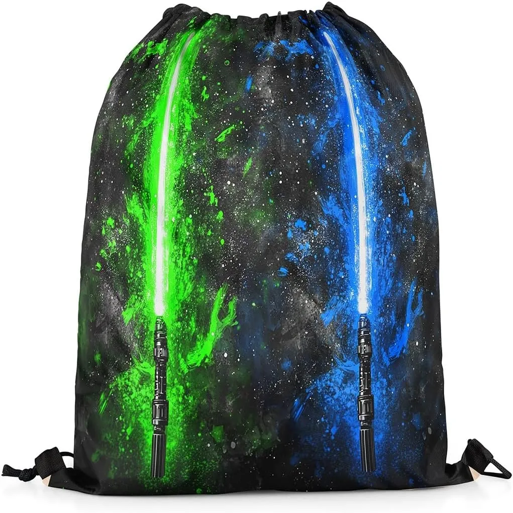 Erosebridal Lightsaber Drawstring Backpack 13x15.7, Neon Green Blue Drawstring Bags, Galaxy Starry Sky Draw String Back Bag Fashion Games Light Sword String Backpack for Sport Gym Swim Yoga