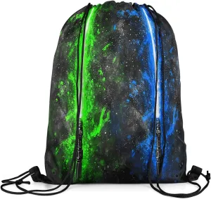 Erosebridal Lightsaber Drawstring Backpack 13x15.7, Neon Green Blue Drawstring Bags, Galaxy Starry Sky Draw String Back Bag Fashion Games Light Sword String Backpack for Sport Gym Swim Yoga
