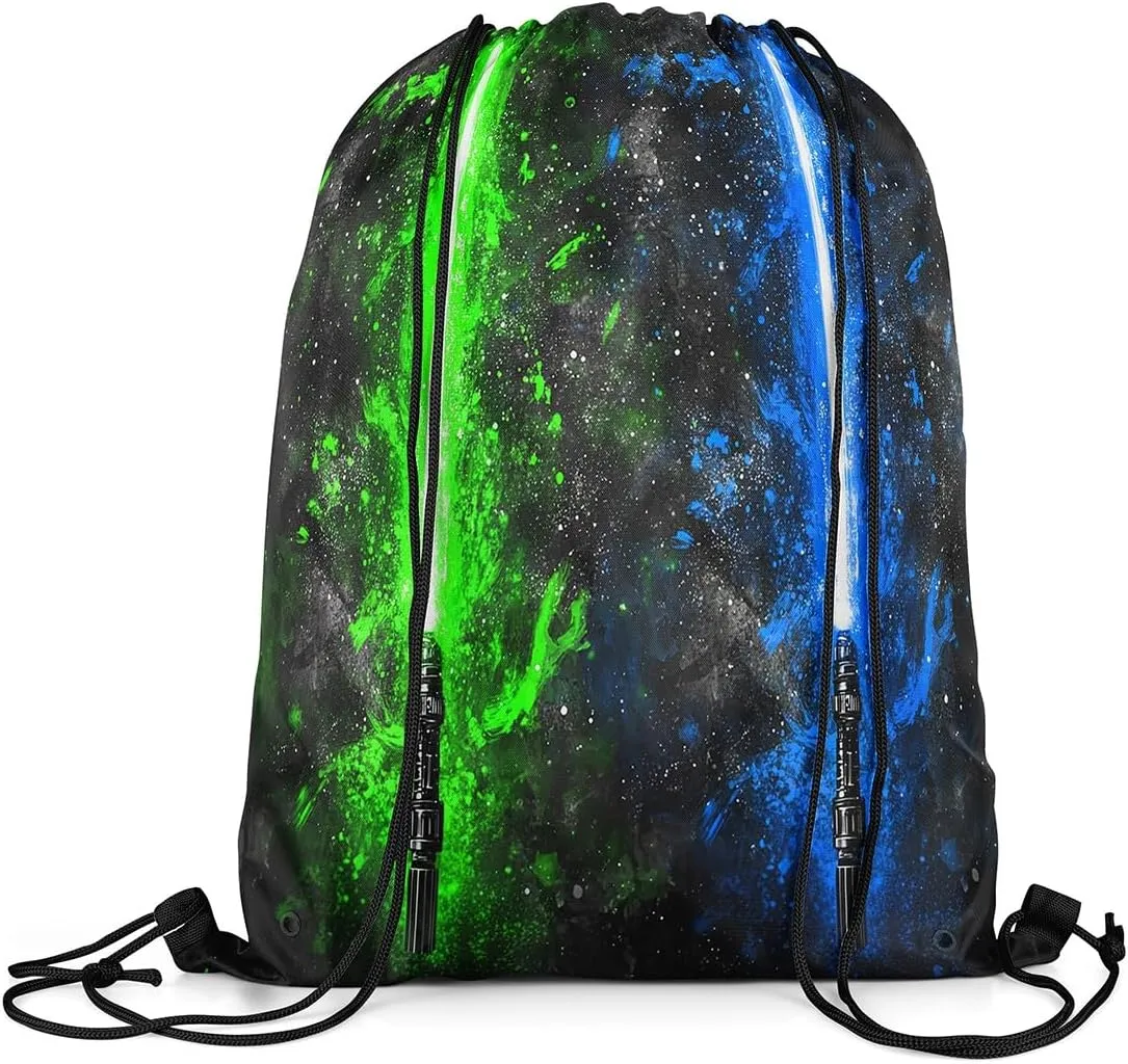 Erosebridal Lightsaber Drawstring Backpack 13x15.7, Neon Green Blue Drawstring Bags, Galaxy Starry Sky Draw String Back Bag Fashion Games Light Sword String Backpack for Sport Gym Swim Yoga
