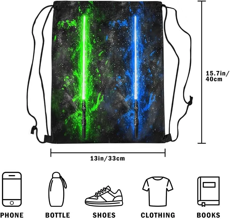 Erosebridal Lightsaber Drawstring Backpack 13x15.7, Neon Green Blue Drawstring Bags, Galaxy Starry Sky Draw String Back Bag Fashion Games Light Sword String Backpack for Sport Gym Swim Yoga