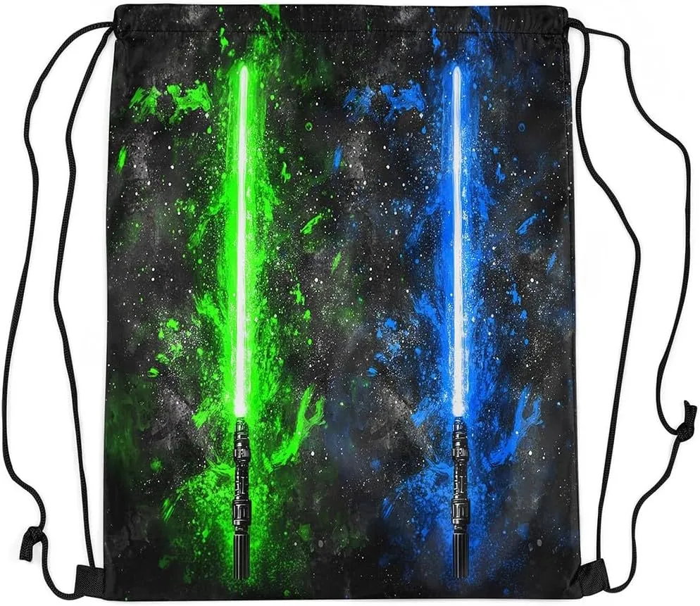 Erosebridal Lightsaber Drawstring Backpack 13x15.7, Neon Green Blue Drawstring Bags, Galaxy Starry Sky Draw String Back Bag Fashion Games Light Sword String Backpack for Sport Gym Swim Yoga