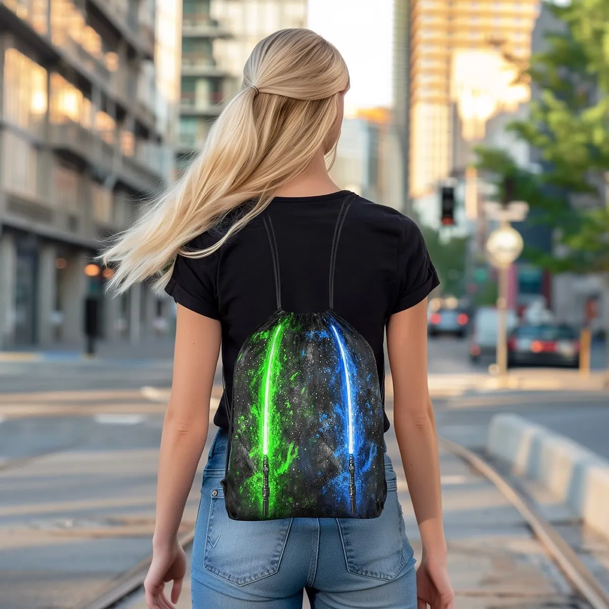 Erosebridal Lightsaber Drawstring Backpack 13x15.7, Neon Green Blue Drawstring Bags, Galaxy Starry Sky Draw String Back Bag Fashion Games Light Sword String Backpack for Sport Gym Swim Yoga