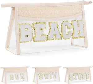 Etercycle Boho Patch BEACH Makeup Bag, Clear PVC Travel Toiletry Bag Waterproof Beach Bags for Women, Small Chenille Letter Bag With Zipper for Beach Travel Essentials
