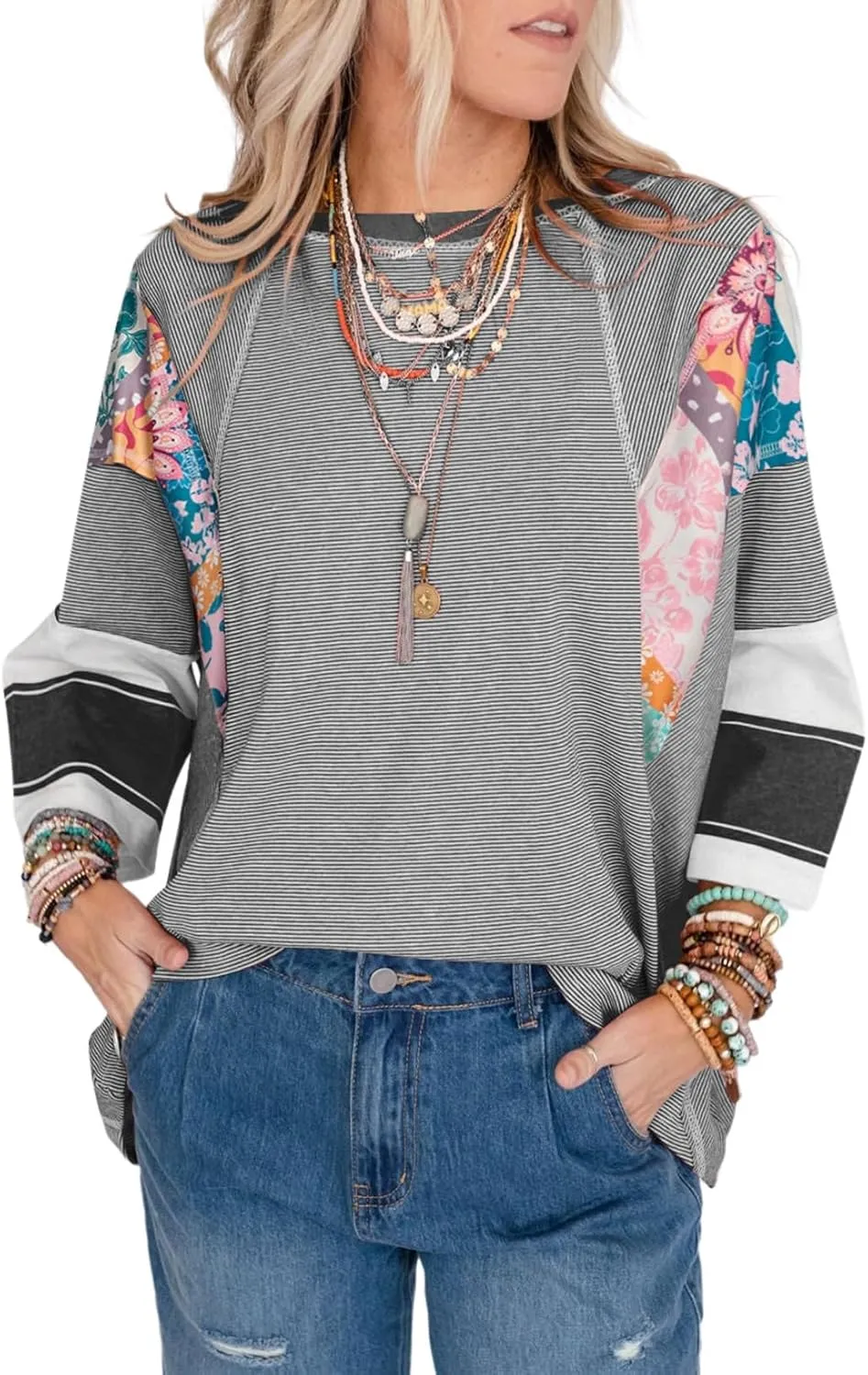 EVALESS 3/4 Length Sleeve Womens Tops Trendy 2025 Spring Summer Crew Neck Oversized Striped Patchwork Shirts Blouse