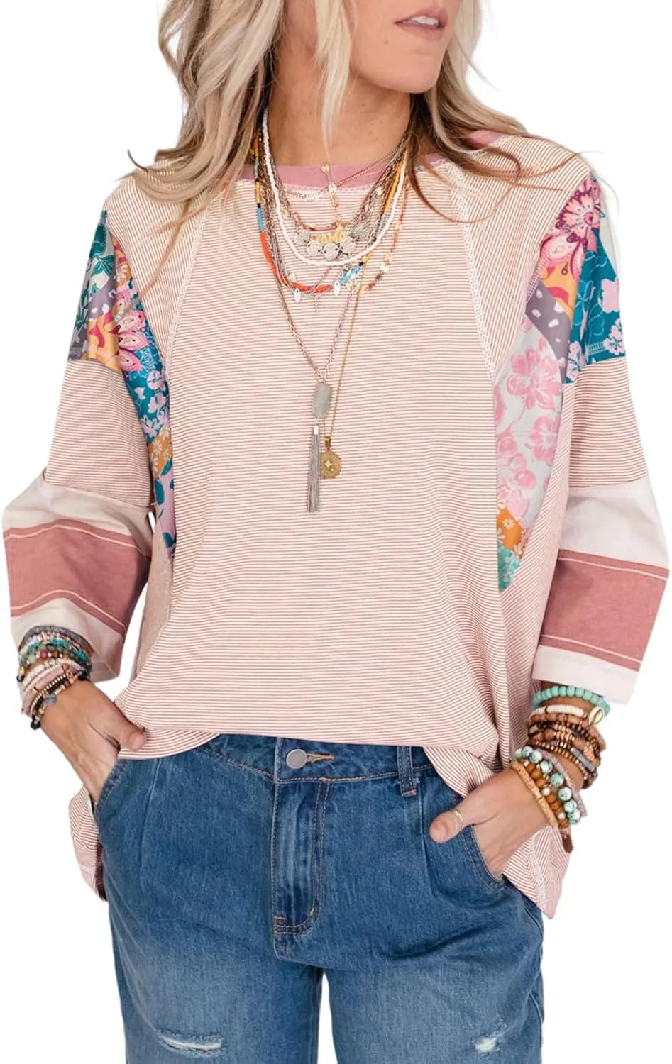 EVALESS 3/4 Length Sleeve Womens Tops Trendy 2025 Spring Summer Crew Neck Oversized Striped Patchwork Shirts Blouse
