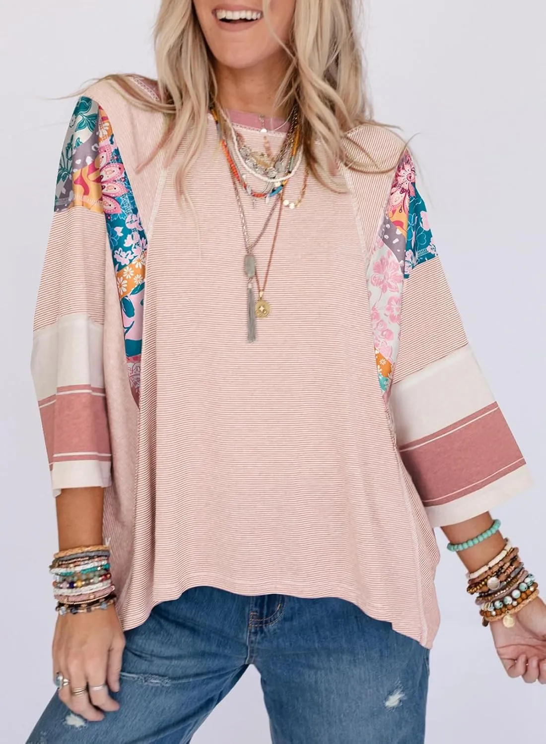 EVALESS 3/4 Length Sleeve Womens Tops Trendy 2025 Spring Summer Crew Neck Oversized Striped Patchwork Shirts Blouse