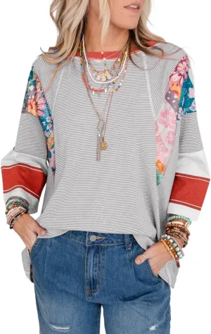 EVALESS 3/4 Length Sleeve Womens Tops Trendy 2025 Spring Summer Crew Neck Oversized Striped Patchwork Shirts Blouse